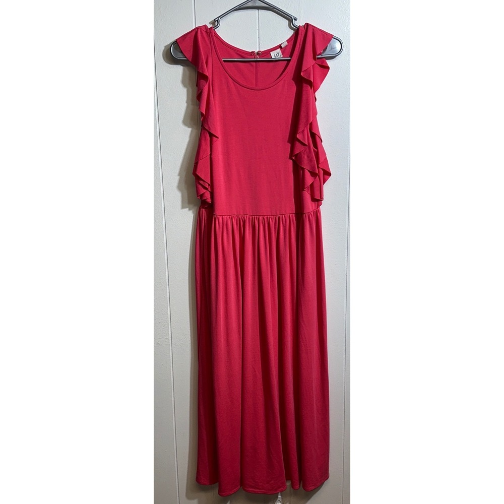GAP Womens Pink Ruffle Flutter Sleeve Midi Dress Size 10 Jersey Knit Scoop Neck
